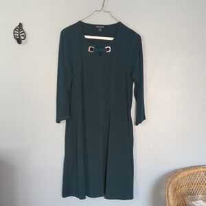 Nina Leonard Teal Three Quarter Sleeve Swing Dress With Gold Tone Accents Medium